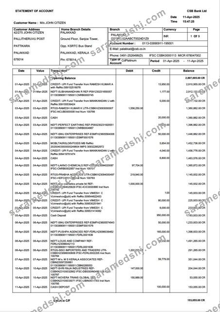 India CSB Bank statement of account Word and PDF template